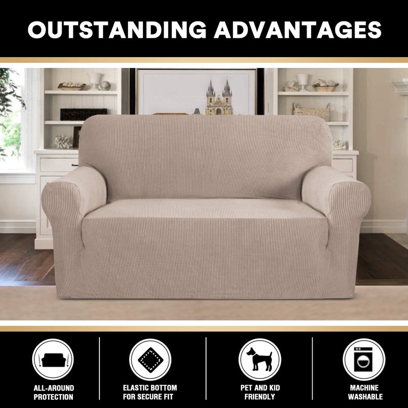 PrinceDeco Stretch Loveseat Sofa Cover Slipcover Couch Cover for 2 Cushion Sofa Washable Sofa Cover for Pets Friendly Furniture Protector Covers with Non Slip Bottom(Loveseat, Sand) - Image 2